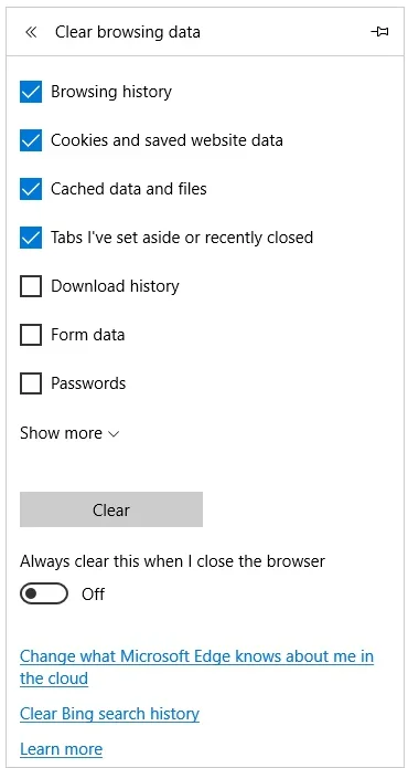Edge çerez temizleme